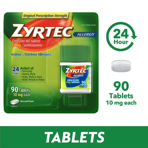 Zyrtec 24 Hour Allergy Relief Tablets with 10 mg Cetirizine HCl, 90 Ct