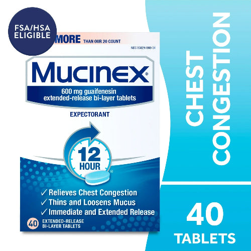 Mucinex 12 Hour Expectorant, OTC Medicine for Excess Mucus Relief, Chest Congestion, FSA, 40 Tablets