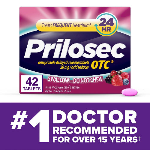 Prilosec OTC Omeprazole 20mg Acid Reducer, Frequent Heartburn Medicine, Wildberry, 42 Count